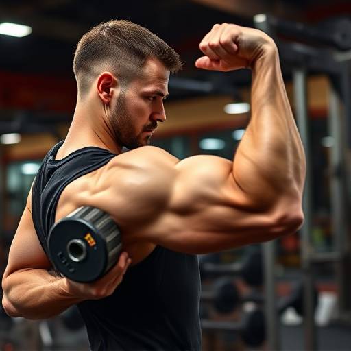 A man lifting weights in a gym, focusing on his bicep curl