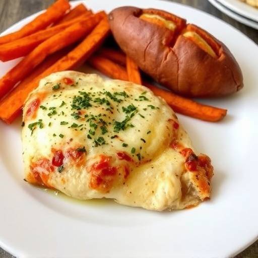 Baked chicken breast served with sweet potato fries on a white plate