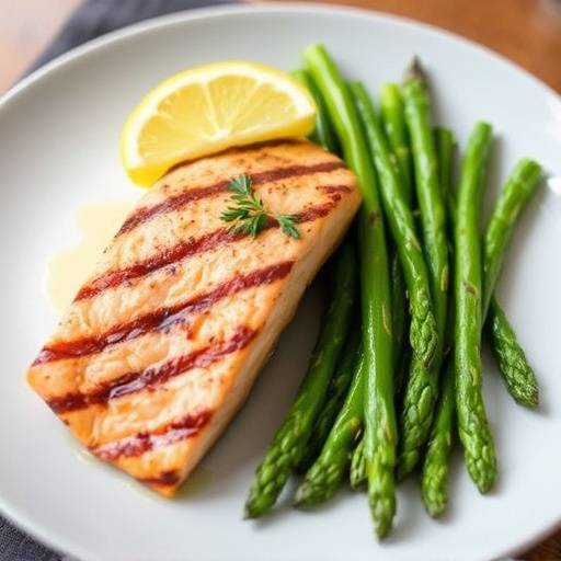 Grilled salmon fillet with asparagus and lemon wedges