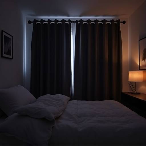 Illustration of a sleep environment with blackout curtains and comfortable bedding