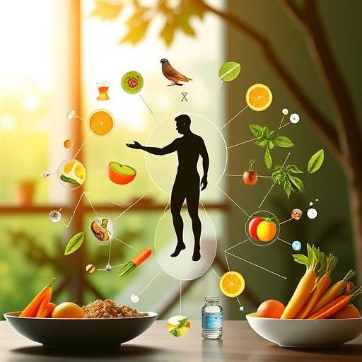 Illustration showing the interconnectedness of various aspects of well-being such as nutrition, exercise, and mental health