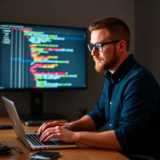 Michael Dubois, a web developer, working on a laptop with code visible on the screen.