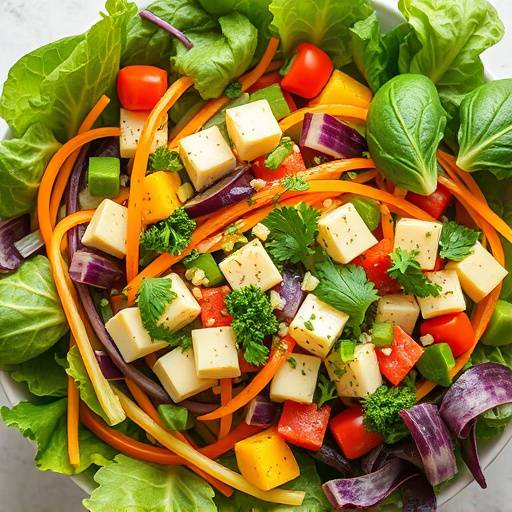 Overhead shot of a colorful salad with mixed greens, tomatoes, cucumbers, and a light vinaigrette