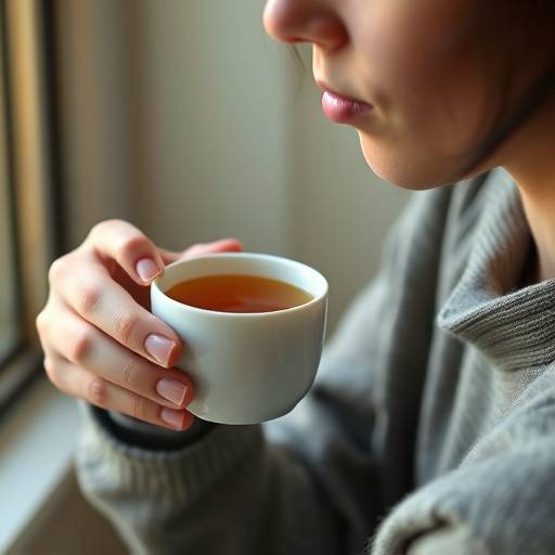 Person practicing mindfulness while drinking tea